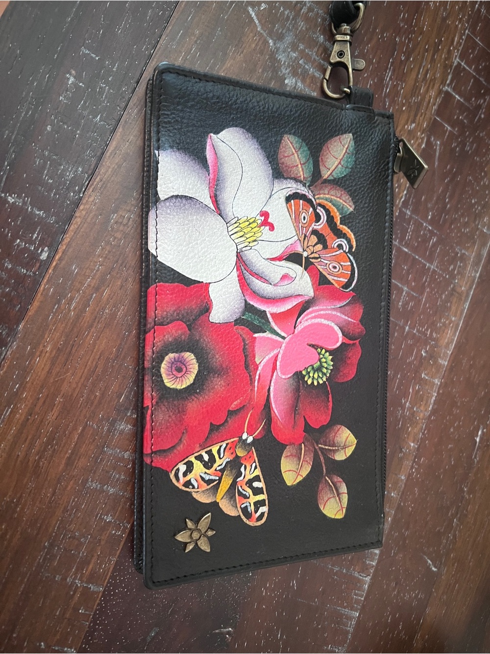 Anna by Anuschka Black Wristlet Clutch with Dreamy Blossoms Black Artwork